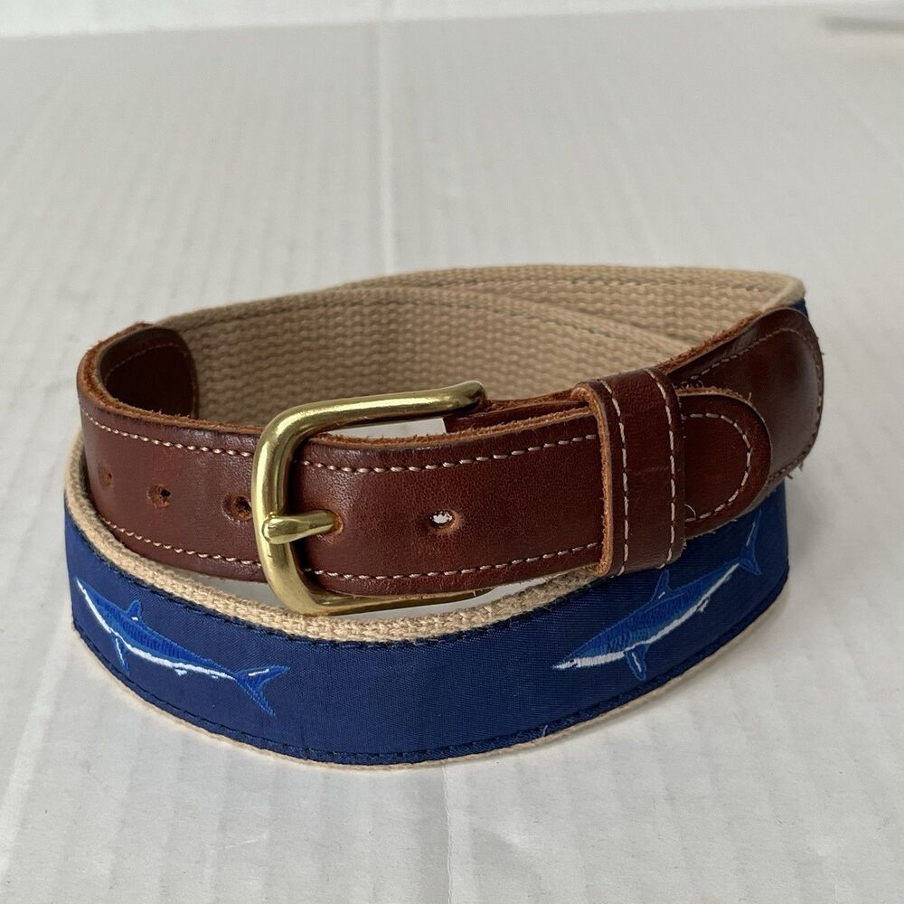 Preston Webbing Golf Belt Mens Sz 30 Embroidered Ribbon Mako Shark USA Nautical
